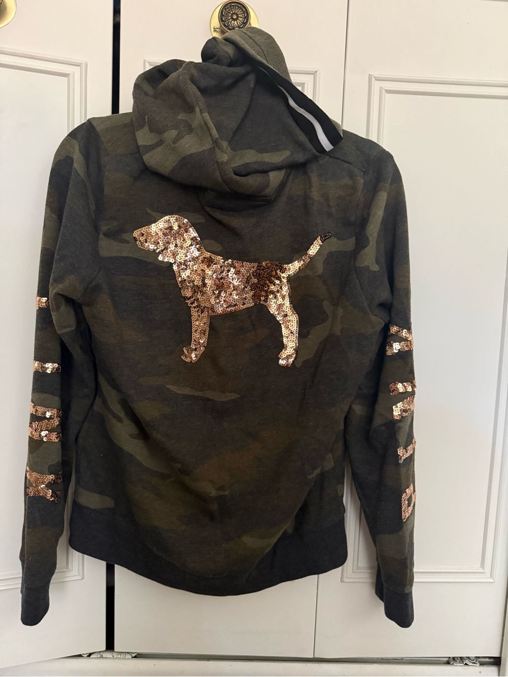 PINK Victoria's Secret Olive Camo Hoodie with Rose Gold Sequin Dog
